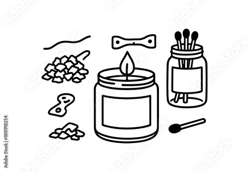 flat vector handdrawn black and white bold clean outlines white background intention candle craft soy flakes wick jar wick holder match jar label blank no logos