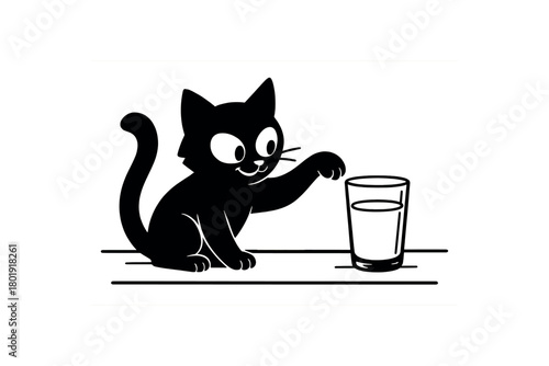 Cat pawing at milk glass white eyes black silhouette with table and glass line details mischievous snack time