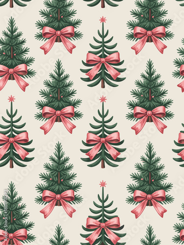 Seamless pattern of decorated Christmas trees with pink bows on a light background