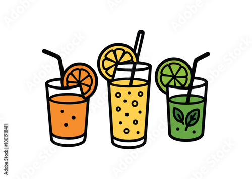 Cute doodle summer drinks collection flat vector illustration bold handdrawn outlines bright solid fills isolated on white clean white space sticker style minimal detail citrus trio fizz