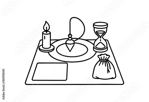 flat vector handdrawn black and white bold clean outlines white background pendulum mat desk printed mat blank pendulum candle timer pouch no logos