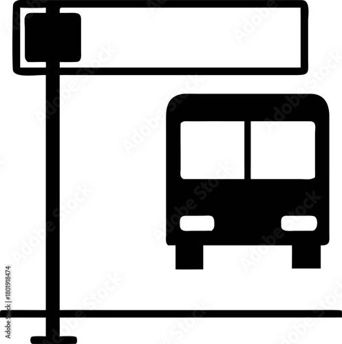 Crisp, monochrome vector symbol depicting a bus stop with a public transport vehicle and waiting sign, perfect for urban mobility and commuter services