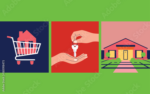 House buying and selling concept with shopping cart, keys and modern home illustration