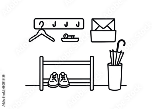 flat vector handdrawn black and white bold clean outlines white background entryway tidy hooks key tray mail slot shoe rack umbrella stand no logos