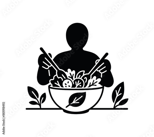 Salad bowl with tongs no face black silhouette with leaf and bowl line accents healthy food scene
