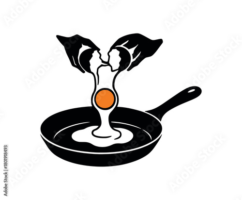 Cracked egg over frying pan no face black silhouette with yolk and lines breakfast cooking detail
