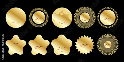 Gold Moon and Star Bundle. Abstract Graphic Baby Nursery Decor Symbol Collection. Vintage Golden Metal Decoration Element. Minimalist Logo Design. Geometric Glossy Luxury Retro Art Deco Sign.