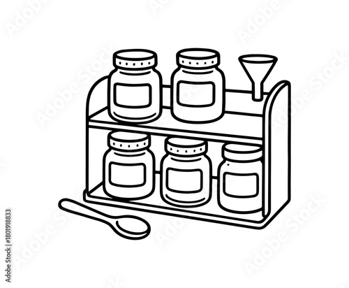 flat vector handdrawn black and white bold clean outlines white background spice rack jars rack tiered spoon funnel label stickers blank no logos