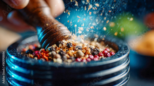 Fototapeta Naklejka Na Ścianę i Meble -  Mixed peppercorns being crushed in a stone mortar, with flying spice particles and rich color details
