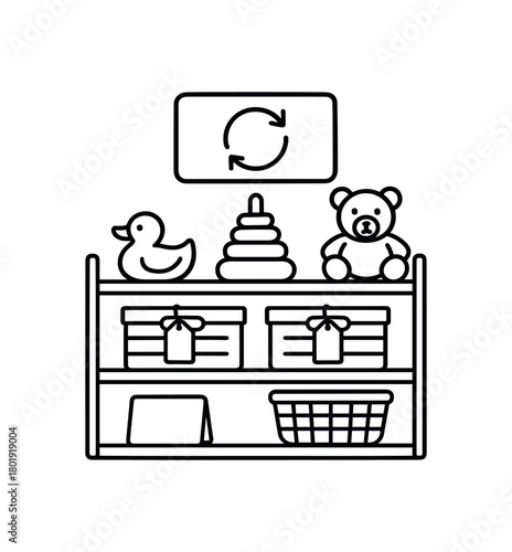 flat vector handdrawn black and white bold clean outlines white background toy rotation crates tag cards blank calendar card shelf basket no logos