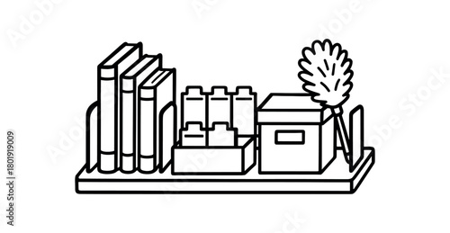flat vector handdrawn black and white bold clean outlines white background bookshelf tidy bookends label cards blank divider box for extras duster no logos