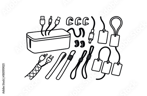 flat vector handdrawn black and white bold clean outlines white background cable management cable box clips velcro ties sleeves label tags blank no logos