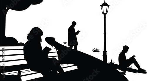 People reading books in park vector illustration stock image art