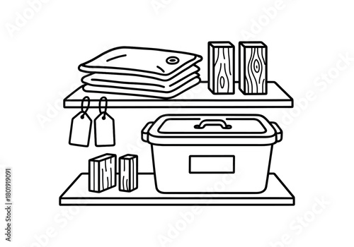 flat vector handdrawn black and white bold clean outlines white background seasonal storage vacuum bags bin with lid label tags blank cedar blocks shelf no logos