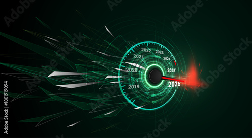 2026 New Year speedometer. Futuristic countdown gauge showing speed and progress towards business goals. Green dark theme. Vector EPS10.