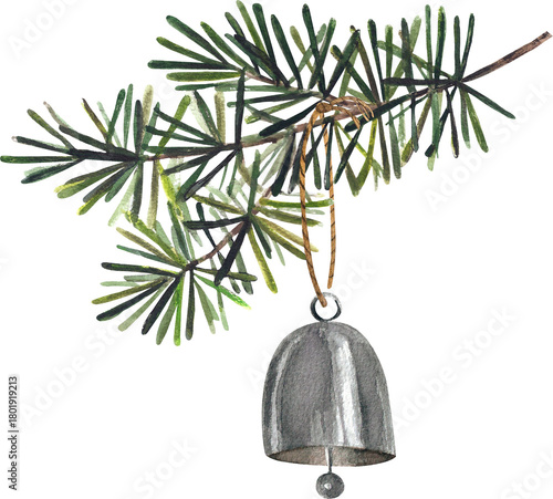 Watercolor Christmas Pine Branch with Ornaments