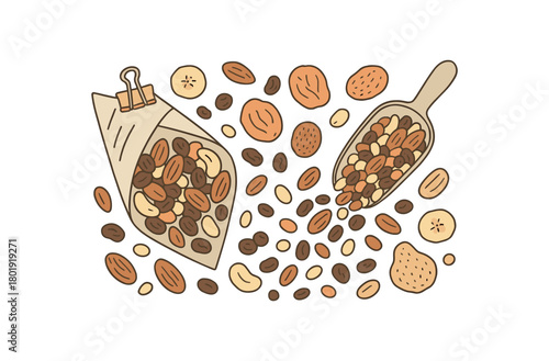 flat vector handdrawn soft palette clean outlines white background zero contain naked snacks trail mix dried fruit paper cone clip scoop no logos