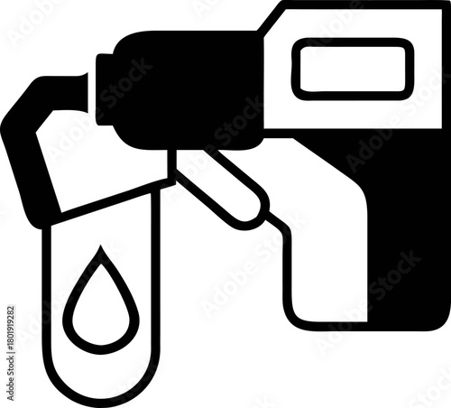 A simplified fuel station pump nozzle shown as a solid dark vector icon, dispensing a liquid drop for energy analysis or testing