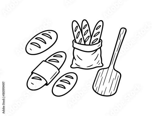 flat vector handdrawn black and white bold clean outlines white background zero contain naked bakery bread loaves paper sleeve linen bag wooden peel no logos