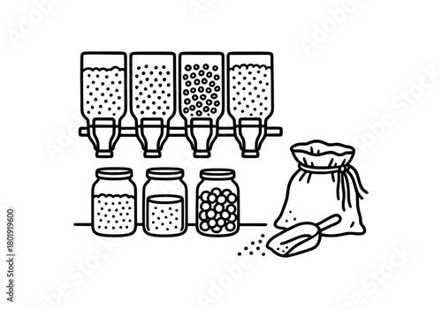 flat vector handdrawn black and white bold clean outlines white background zero contain bulk aisle gravity bins glass jars metal scoop cloth bag no logos
