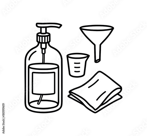 flat vector handdrawn black and white bold clean outlines white background zero contain refill detergents glass bottle pump measuring cup funnel cloth no logos