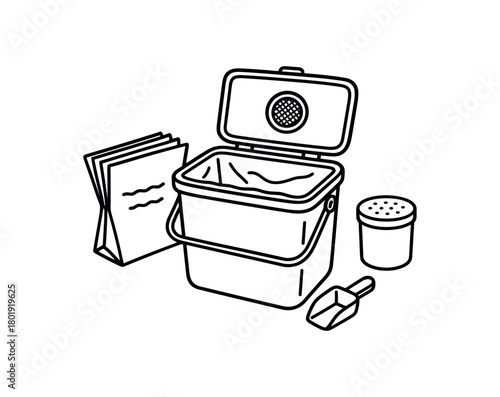 flat vector handdrawn black and white bold clean outlines white background zero contain compost corner countertop bin paper liners filter small scoop no logos