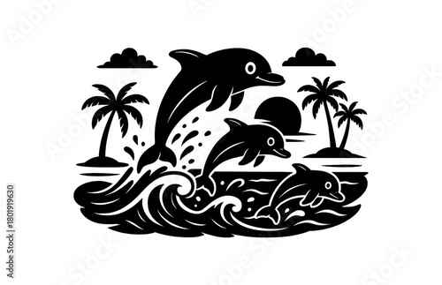 Dolphins jumping through surf black silhouettes with white eyes and fin lines tropical summer vector