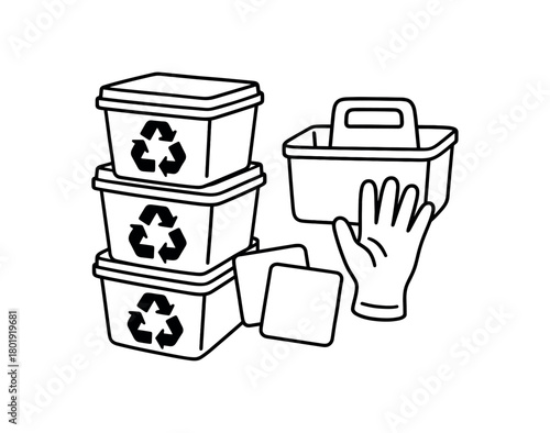 flat vector handdrawn black and white bold clean outlines white background zero contain recycle sort stackable bins icon cards blank glove caddy no logos