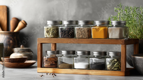 Fototapeta Naklejka Na Ścianę i Meble -  Organized spice jars on wooden shelf in modern kitchen setting