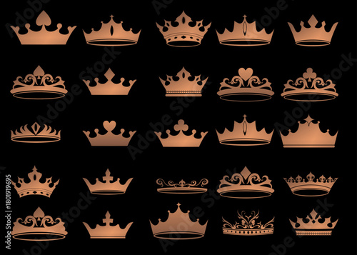 Copper crown collection. Collection of crown silhouettes, symbols of royal luxury. Leadership Award icon set, victory symbol.
