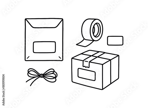 flat vector handdrawn black and white bold clean outlines white background zero contain mail low waste paper mailer paper tape reused box twine label blank no logos
