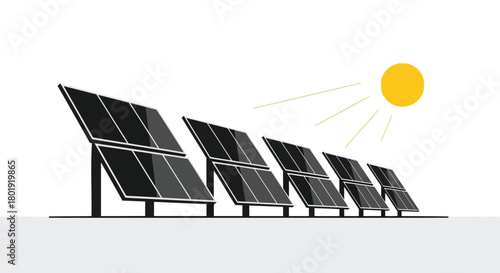 Row of dark solar panels angled towards a bright yellow sun with rays on a white background