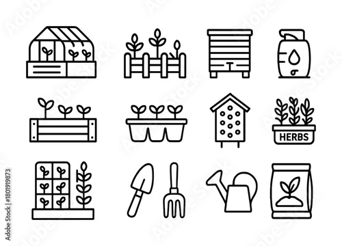 Vector Gardening tools and icons set including greenhouse, plants, beehive, and watering can