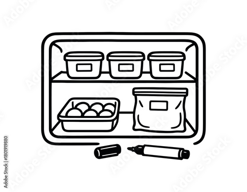 flat vector handdrawn black and white bold clean outlines white background zero contain freezer glass containers silicone bags date tags blank tray marker no logos