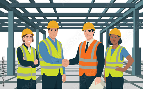 Construction workers shake hands at a building site, symbolizing partnership