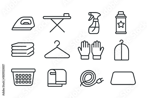 Vector Outline icons of ironing and laundry items including iron and spray bottle