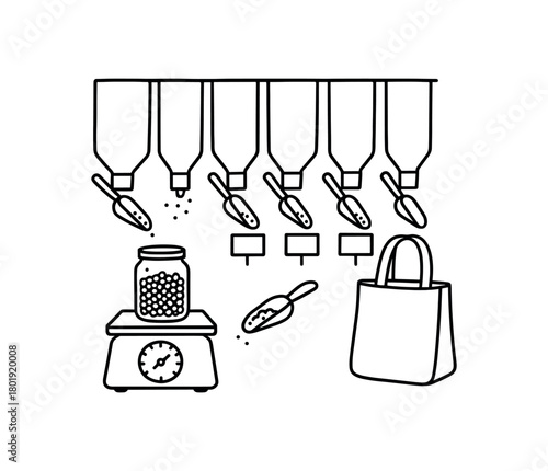 flat vector handdrawn black and white bold clean outlines white background zero contain refill shop scene gravity tubes jar on scale scoops label cards blank tote no logos