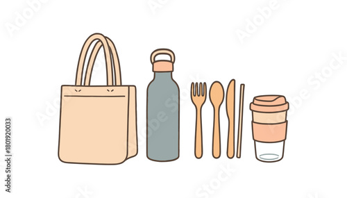 flat vector handdrawn soft palette clean outlines white background zero waste starter kit canvas tote stainless bottle travel cup bamboo cutlery glass jar no logos