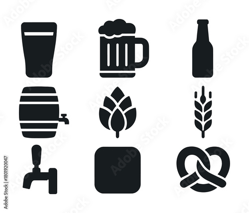 Vector Beer icons: glass, mug, bottle, barrel, hop, wheat, tap, pretzel