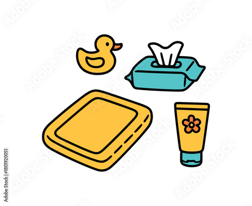 Cute doodle baby nursery essentials collection flat vector illustration bold handdrawn outlines bright solid fills isolated on white clean white space sticker style minimal detail changing