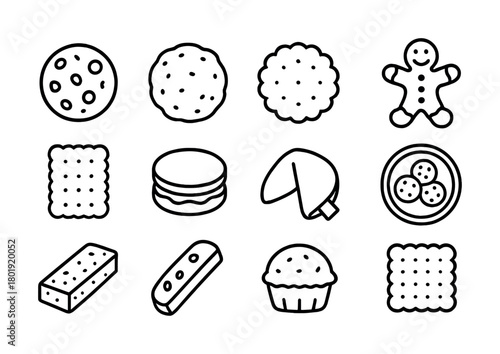Vector Outline icons: variety of cookies and biscuits including gingerbread and fortune cookie
