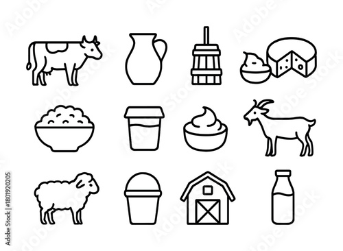 Farm animal and dairy product icons: cow, sheep, goat, cheese, milk, barn
