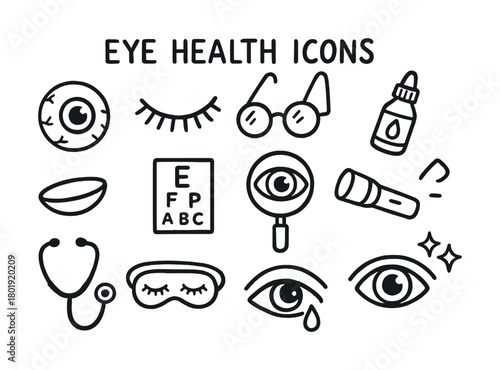Eye health icons: glasses, drops, stethoscope, vision chart, flashlight, eyes