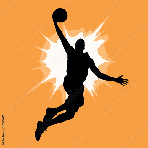 Silhouette of a basketball player making a slam dunk against an explosive orange background.