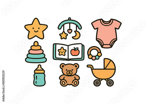 Cute doodle baby nursery essentials collection flat vector illustration bold handdrawn outlines bright solid fills isolated on white clean white space sticker style minimal detail soft book