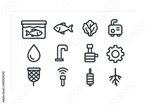 Aquaponics system icons set featuring fish, plants, water elements, and equipment