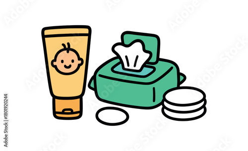 Cute doodle baby nursery essentials collection flat vector illustration bold handdrawn outlines bright solid fills isolated on white clean white space sticker style minimal detail diaper