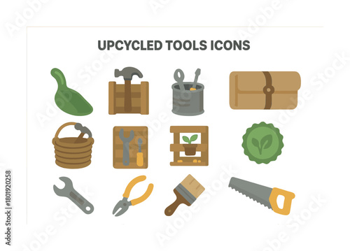 Upcycled tools icon set: eco-friendly gardening and diy tools with green design