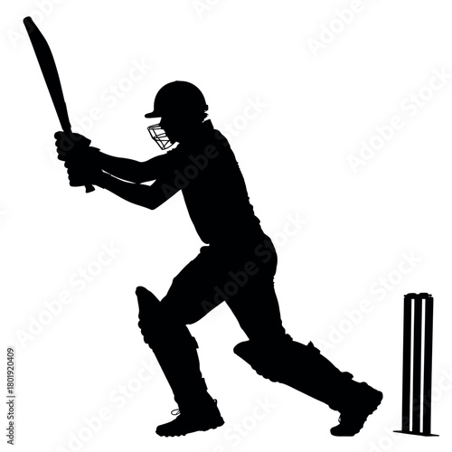Silhouette of a cricket player batting with wickets in the background on a white background.