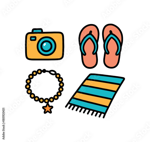 Cute doodle travel beach essentials collection flat vector illustration bold handdrawn outlines bright solid fills isolated on white clean white space sticker style minimal detail flipflops